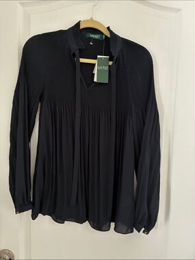 Lauren Ralph Lauren Dark Navy Pleated Tie-Front Blouse